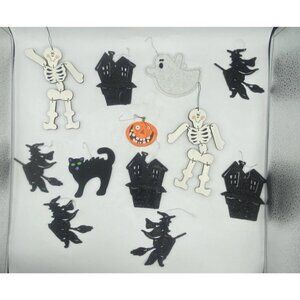 Halloween Tree Ornament Lot of 12 Witch Pumpkin Cat Skeleton Haunted House Decor